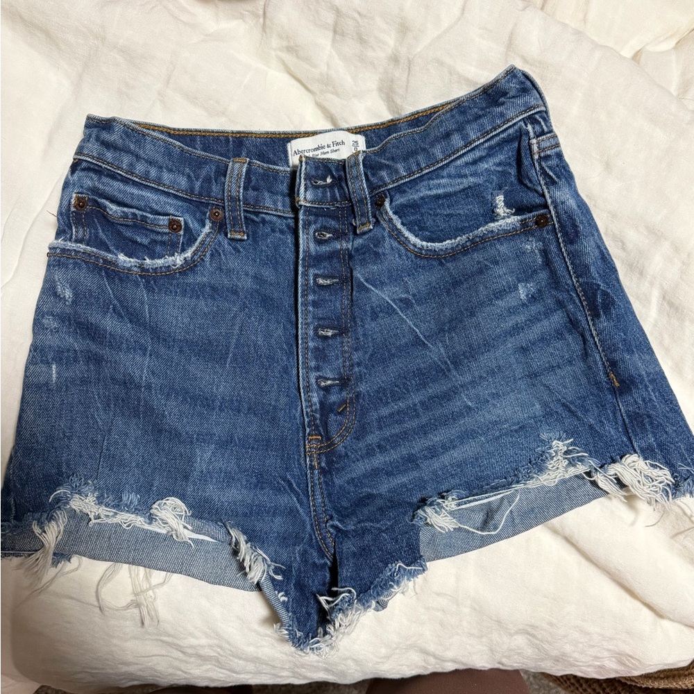 Abercrombie & Fitch Blue Distressed Button-Fly Denim Shorts